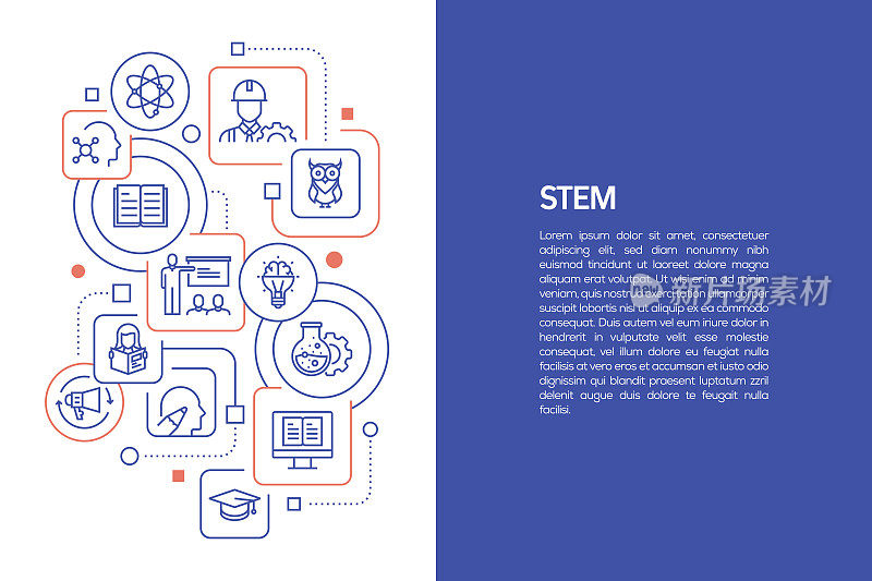 STEM教育概念，带有图标的STEM教育矢量插图