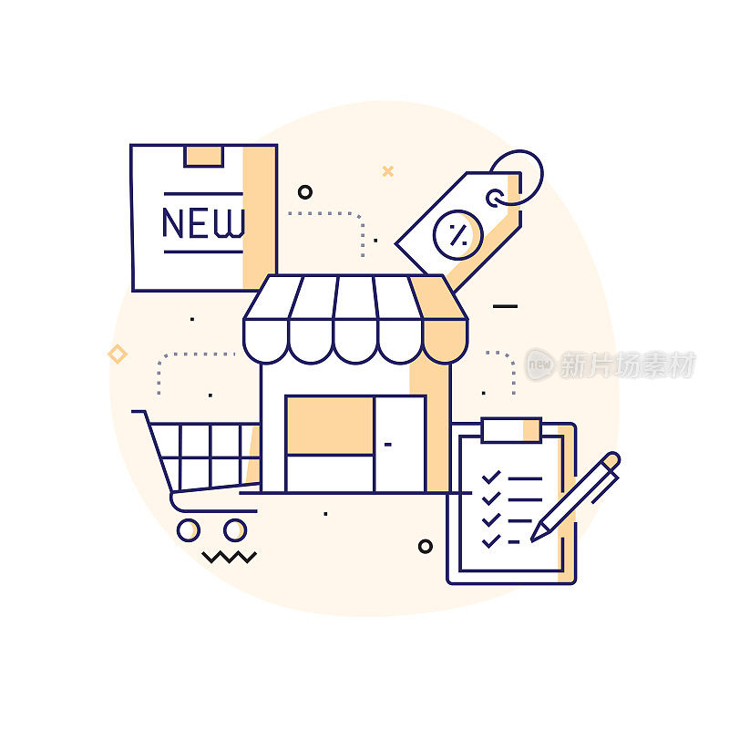 购物和零售相关的线路图标。向量符号说明。