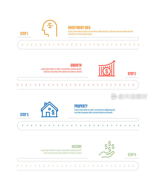信息图表设计模板。投资想法，增长，财产，收入图标与4个选项或步骤。