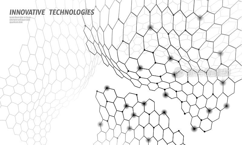 3D纳米技术石墨烯纹理网络空间。纳米纤维化学现代材料设计。原子分子宏观结构层超导体发展矢量图