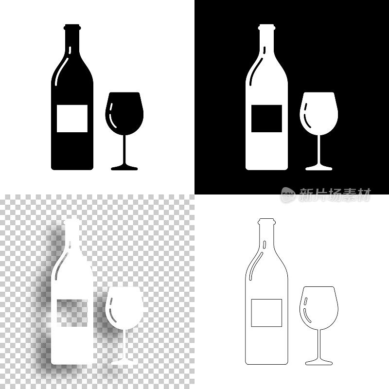 酒瓶和酒杯。图标设计。空白，白色和黑色背景-线图标