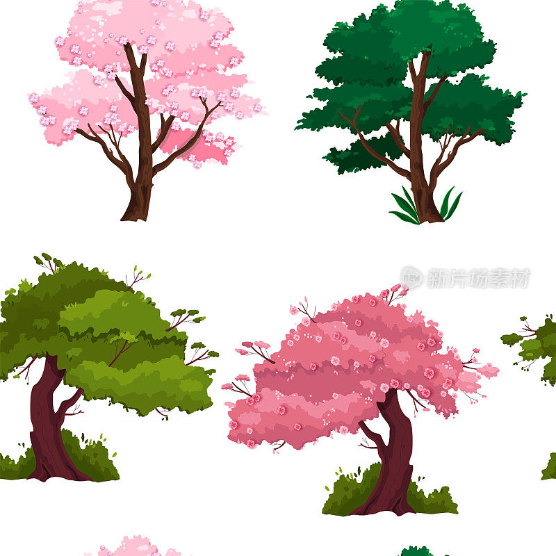 春天，夏天的树与绿色的图案无缝衔接繁茂，粉红色的樱花孤立在白色的背景上开花。