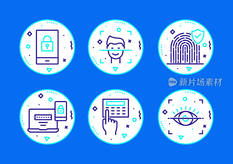 网络安全、数据安全相关线路图标。矢量轮廓符号插图。