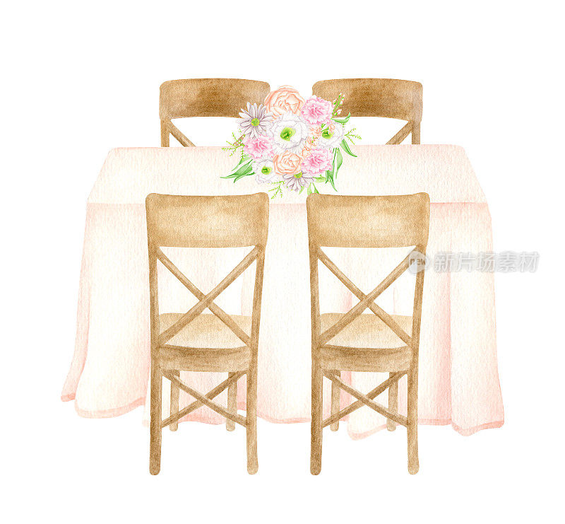水彩婚礼宾客桌与优雅的花束孤立在白色。手绘挂桌，木椅，花卉装饰。婚宴小品、晚宴、豪华餐厅午餐。