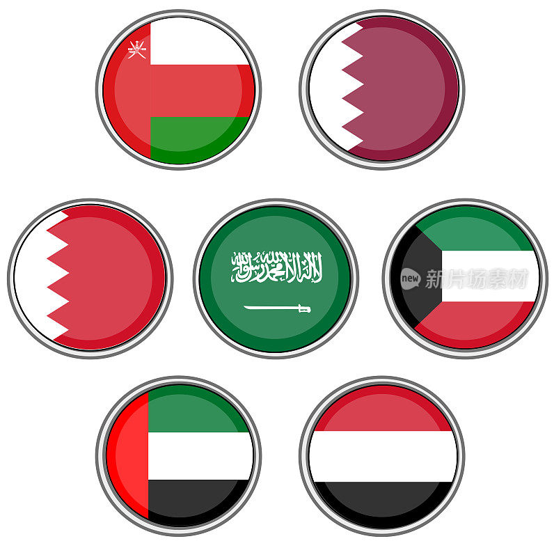 海湾国家中东国旗3D图标设置在孤立的白色背景。阿联酋、科威特、卡塔尔、巴林、沙特阿拉伯、也门和阿曼。