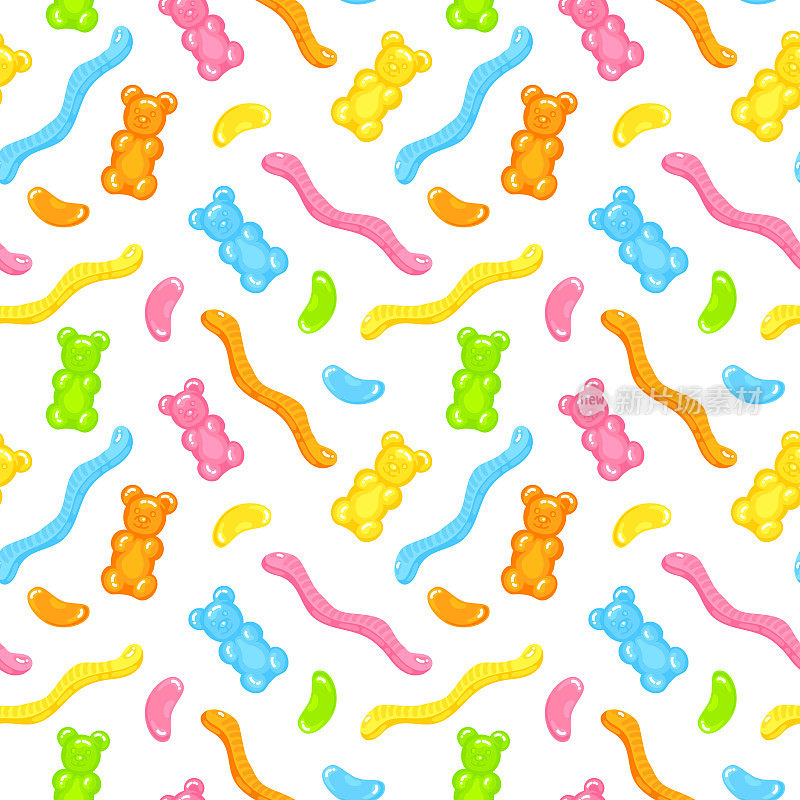小熊软糖，蠕虫果冻和豆甜糖果无缝模式与惊人的味道平面风格设计矢量插图。