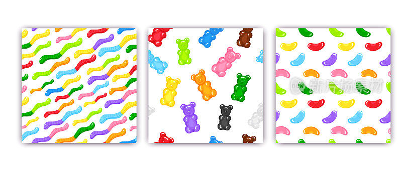 3小熊软糖，蠕虫果冻和豆甜糖果无缝模式设置与惊人的味道平面风格设计矢量插图。
