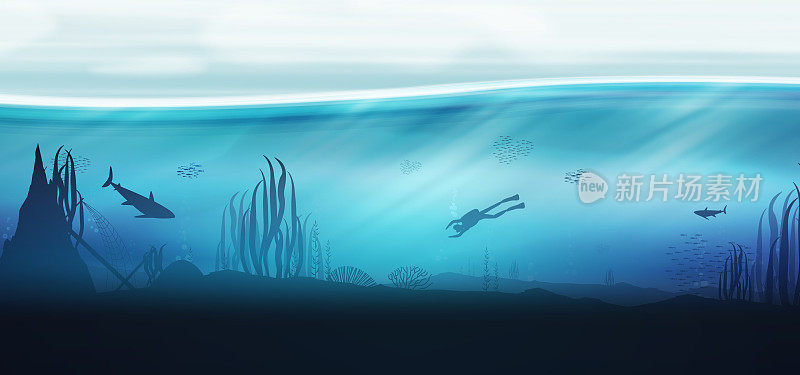 水下海洋场景背景的珊瑚礁与水肺潜水员