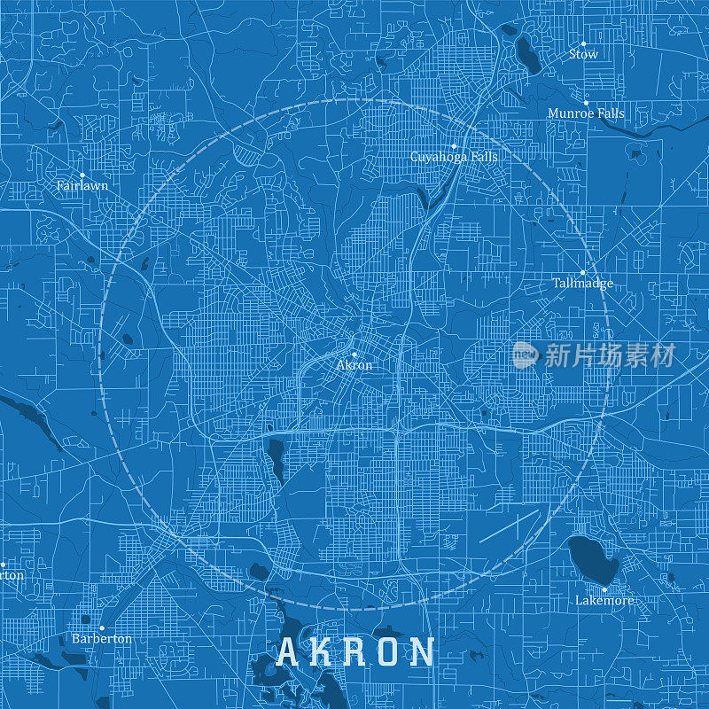 阿克伦OH城市矢量道路地图蓝色文本