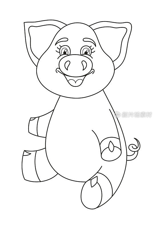 有趣的小猪坐着笑着，涂色书页