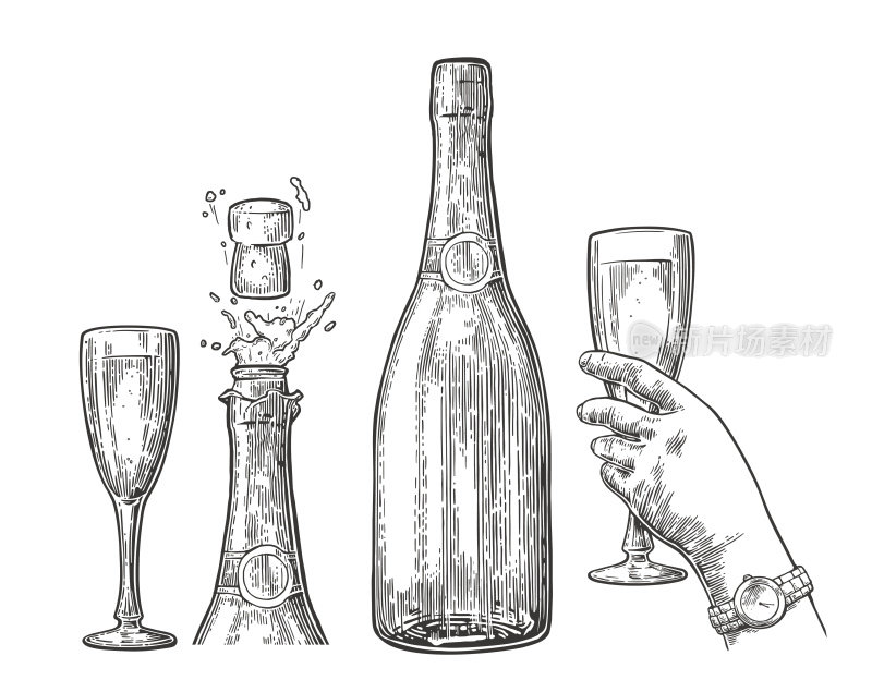 香槟酒瓶爆炸和手持玻璃杯。