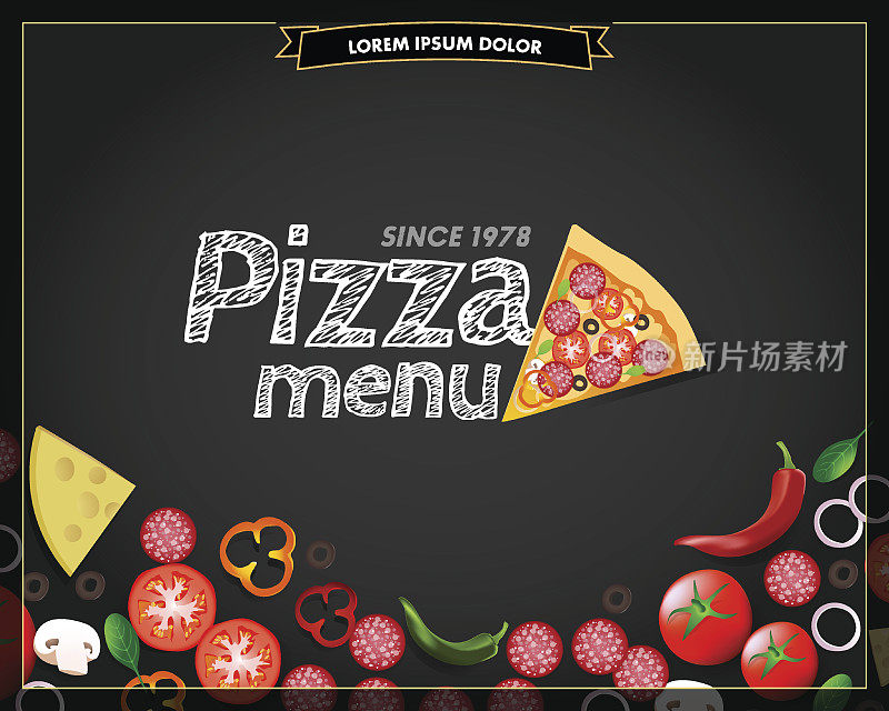 披萨菜单的黑板背景与新鲜的食材。