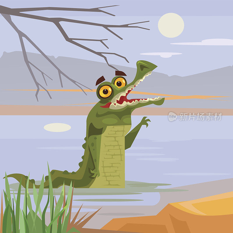 快乐微笑的鳄鱼，鳄鱼角色看着水