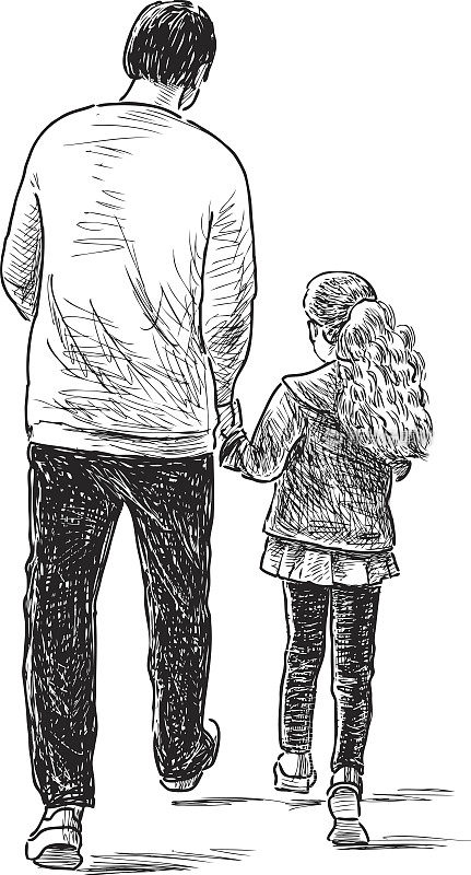 父亲和女儿在散步