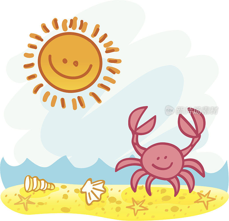 夏天的太阳和螃蟹在海滩卡通插图