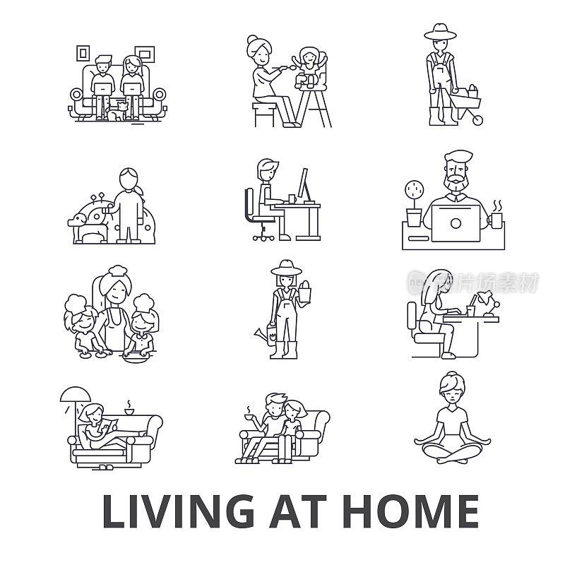住在家里，帮助在家里，客厅家具，住在家里与父母线图标。可编辑的中风。平面设计矢量插图符号概念。线性迹象孤立