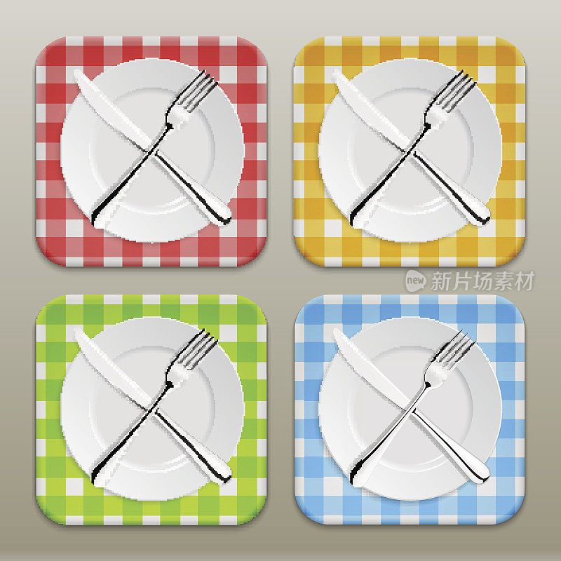 晚餐地点设置图标设置。现实的白色盘子与银叉子和勺子在格子桌布的背景-红，黄，绿，蓝。EPS10中的设计模板
