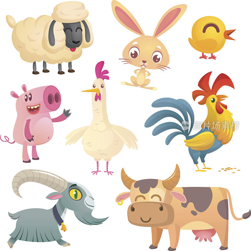 卡通农场动物的收藏。矢量组的动物图标孤立在白色。矢量插图的羊，兔子兔子，可爱的鸡，猪，母鸡，公鸡，山羊和奶牛