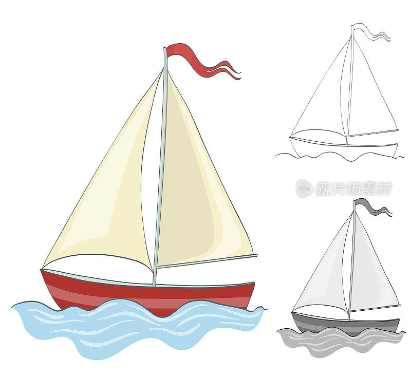 帆船绘图与着色和灰度版本。矢量图