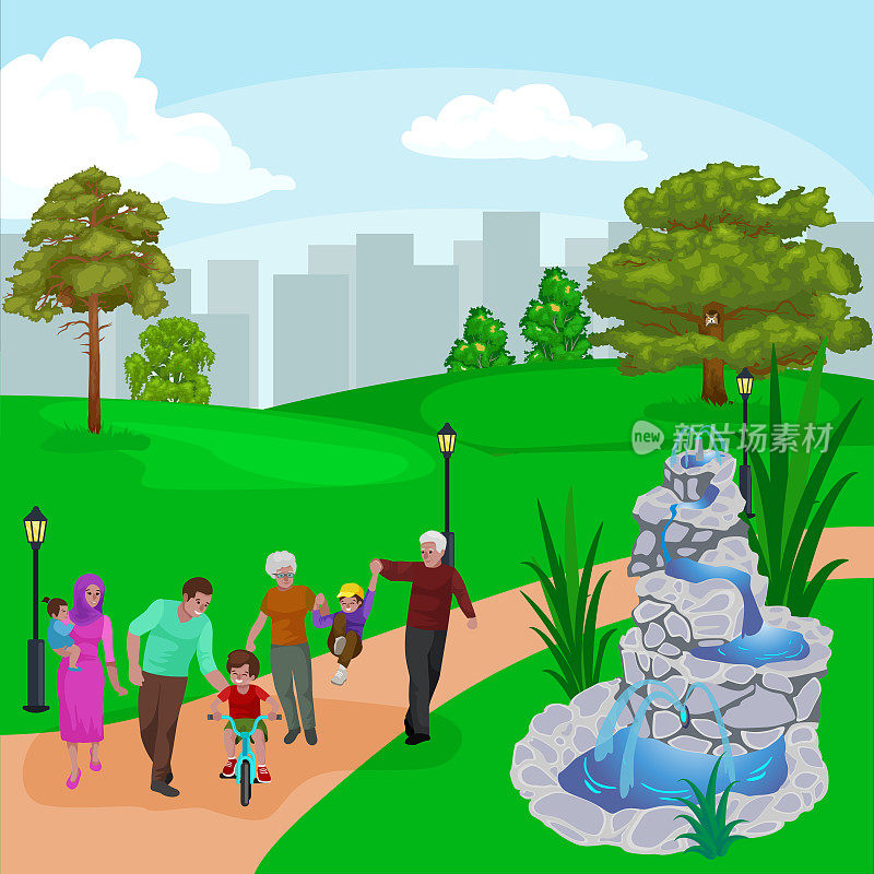 快乐的家庭在公园里有喷泉，男孩和女孩在户外玩花园瀑布，休闲的人在度假矢量插图