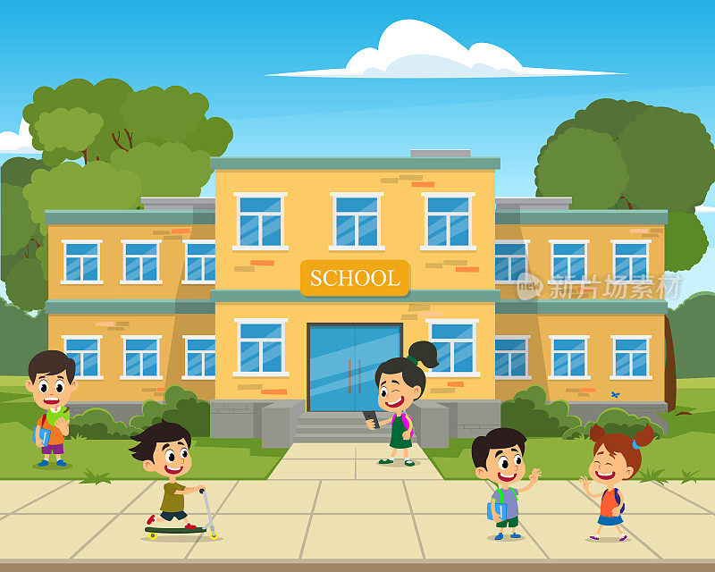 教学楼和孩子们在前院。