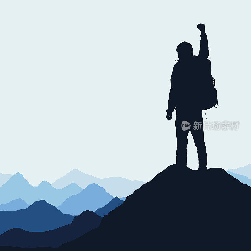 矢量插图的山景观与现实剪影的登山者在岩石的顶部与一个胜利的姿态在蓝天下