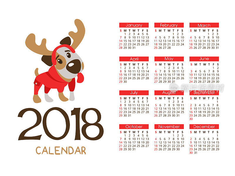 2018年圣诞日历。矢量文件。狗是这一年的象征。有趣的杰克罗素梗09