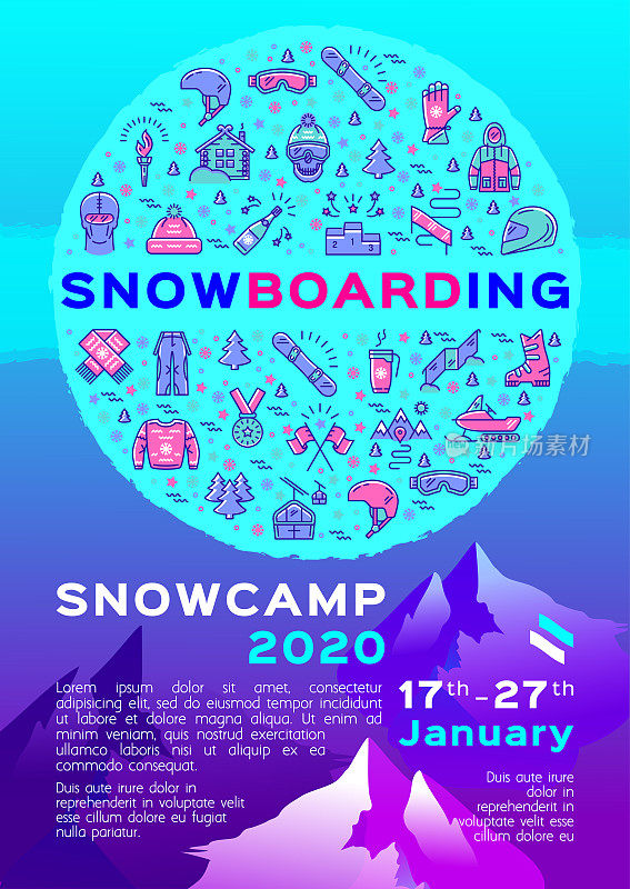 滑雪板海报，滑雪营地传单或卡片，滑雪板公告牌。现代线条艺术图标的冬季运动和山在一个梯度蓝色绿松石背景。矢量平面设计，A4尺寸
