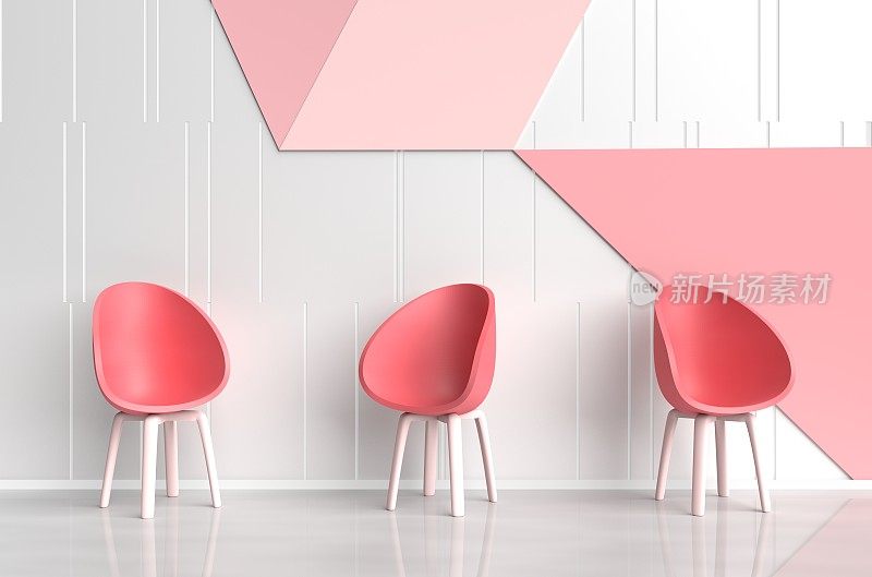 白-红-粉的爱的房间装饰着红色的椅子，树在玻璃花瓶，白色的枕头，蓝色的书，白色，粉红色和红色的水泥墙是格子图案。《情人节的爱情屋》3d渲染。