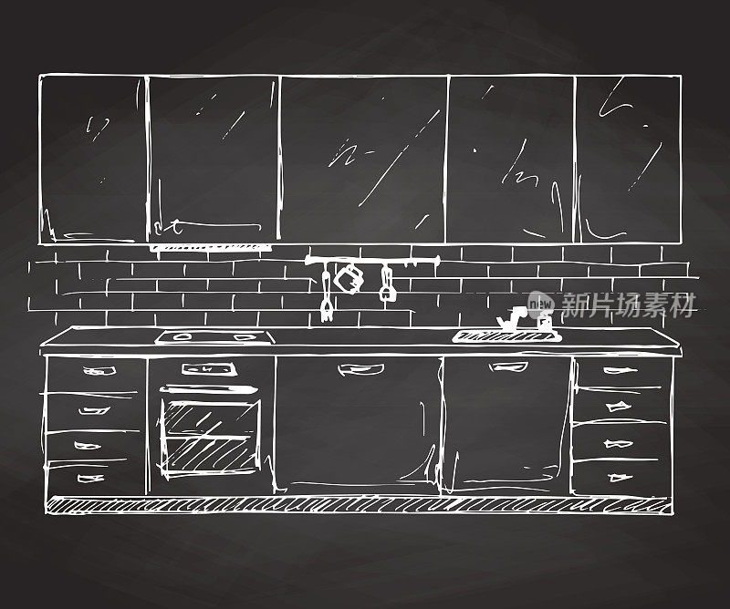 手绘现代厨房家具。矢量插图在素描风格