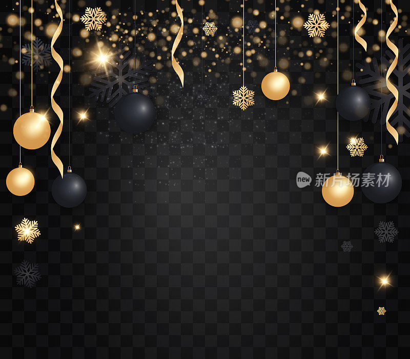 布局快乐新年2018金色和黑色的文字圣诞球，金色音乐会和雪花空间。金碧辉煌，光彩照人。矢量图