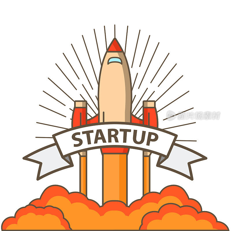 宇宙飞船开始。标志，海报与飞起的火箭。开始做生意。为网站、移动应用程序设计横幅的概念。