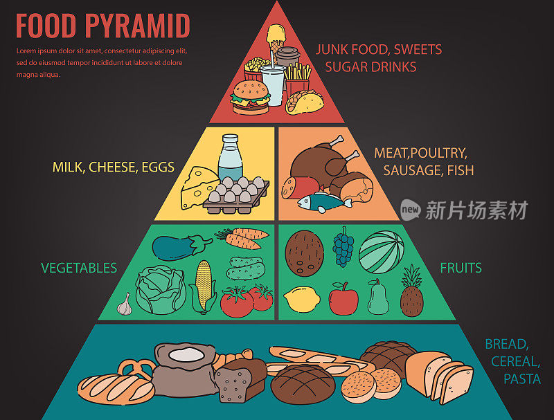 食物金字塔健康饮食信息图表。健康的生活方式。图标的产品。向量