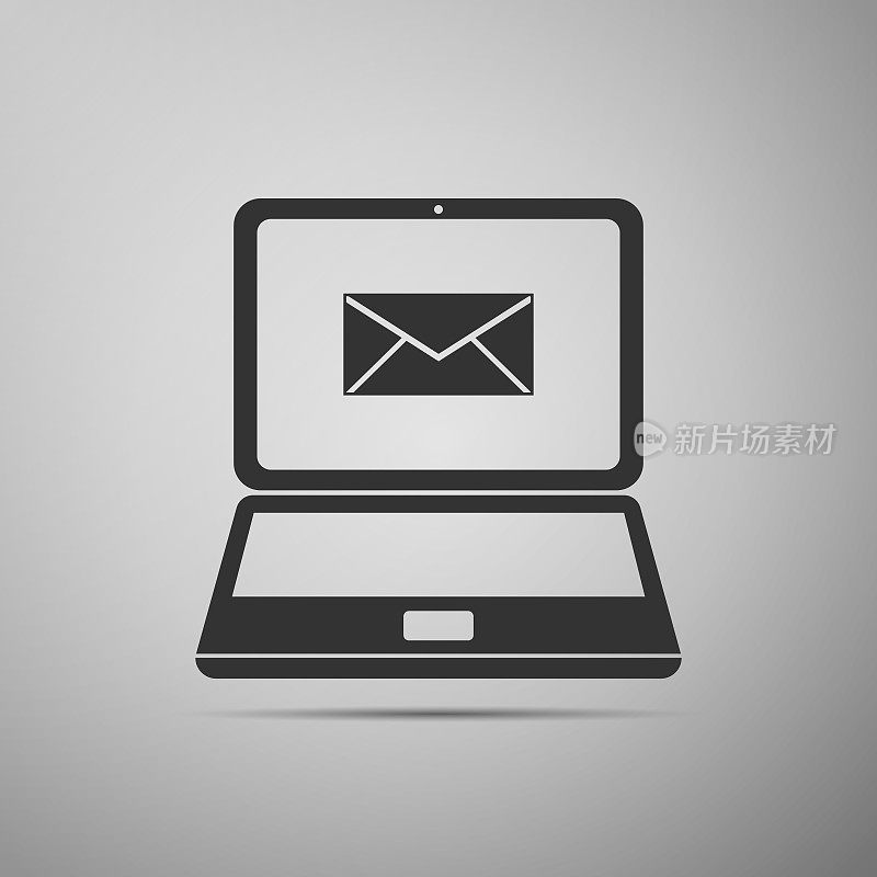笔记本电脑与信封和打开的电子邮件在屏幕上孤立的灰色背景图标。电子邮件营销，网络广告概念。平面设计。矢量图