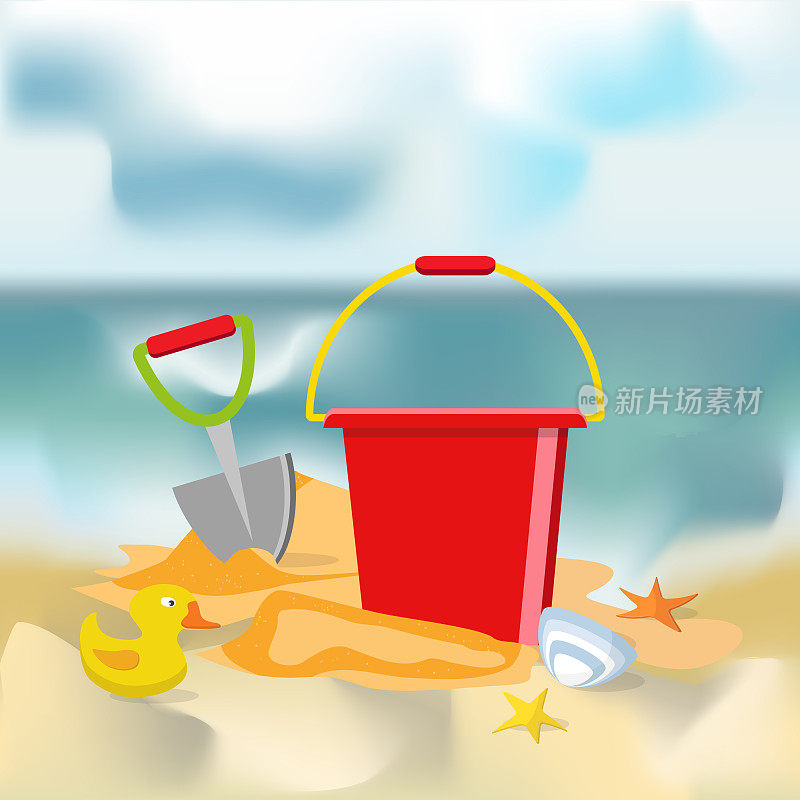 沙滩玩具孤立。桶，铲子，海星，桶，小鸭，贝壳，沙子。夏季时间平坦设计。向量