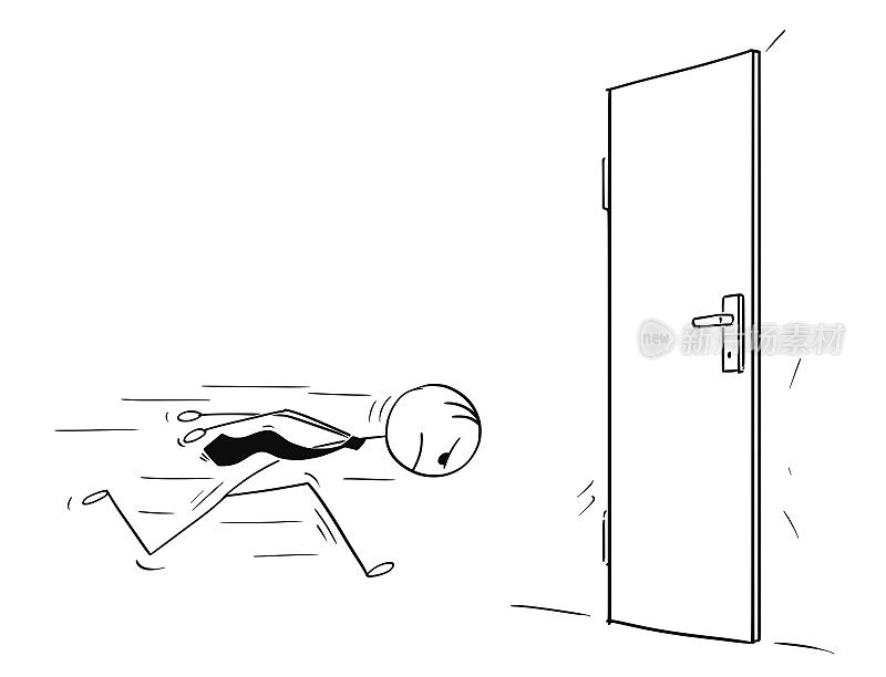 漫画:刚愎自用的商人头朝下撞着紧闭的门