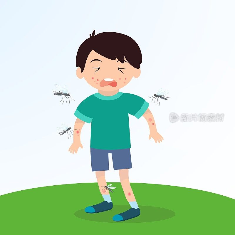 儿童皮肤被蚊子叮咬后发炎、恐惧和过敏反应。卡通人物