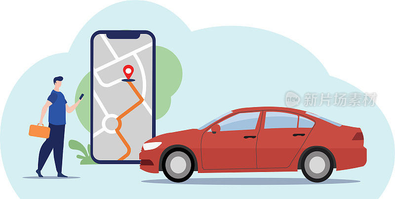 手机GPS导航，旅游观光概念。向量的人查看他的手机地图和寻找GPS坐标。人迷失在通往城市的道路上寻找着导航。