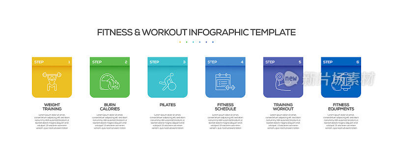健身和锻炼相关的过程信息图表模板。过程时间图。带有线性图标的工作流布局