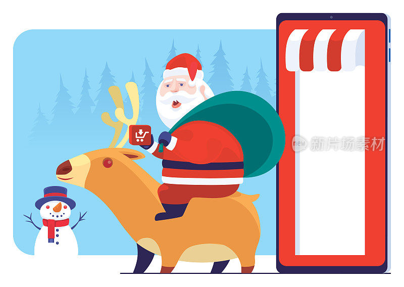 圣诞老人通过智能手机在网上商店购物