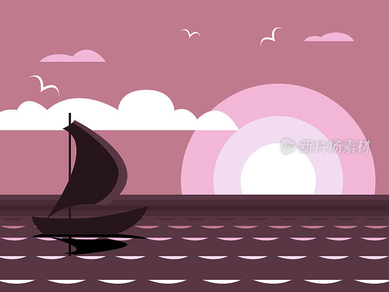在海面上航行的帆船的轮廓，轻的涟漪和地平线上的太阳