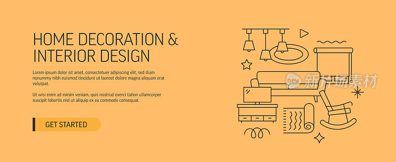 家居装饰及室内设计相关网页横幅线条风格。现代设计矢量插图的网页旗帜，网站标题等股票插图
