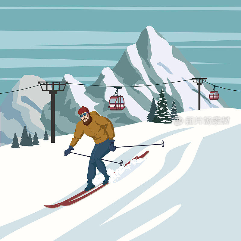 高山滑雪者的冬季度假胜地，瑞士阿尔卑斯山。雪景山峰，带有缆车的斜坡，老式的木制滑雪板和滑雪杆。旅行的复古海报