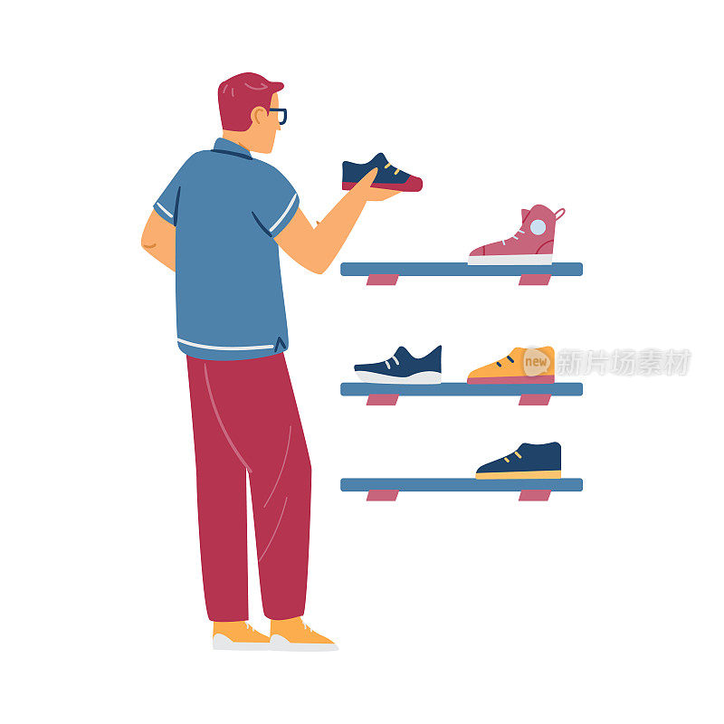 鞋店男顾客选择运动鞋，平面矢量插图孤立在白色背景上。一个男人在精品店里找鞋。