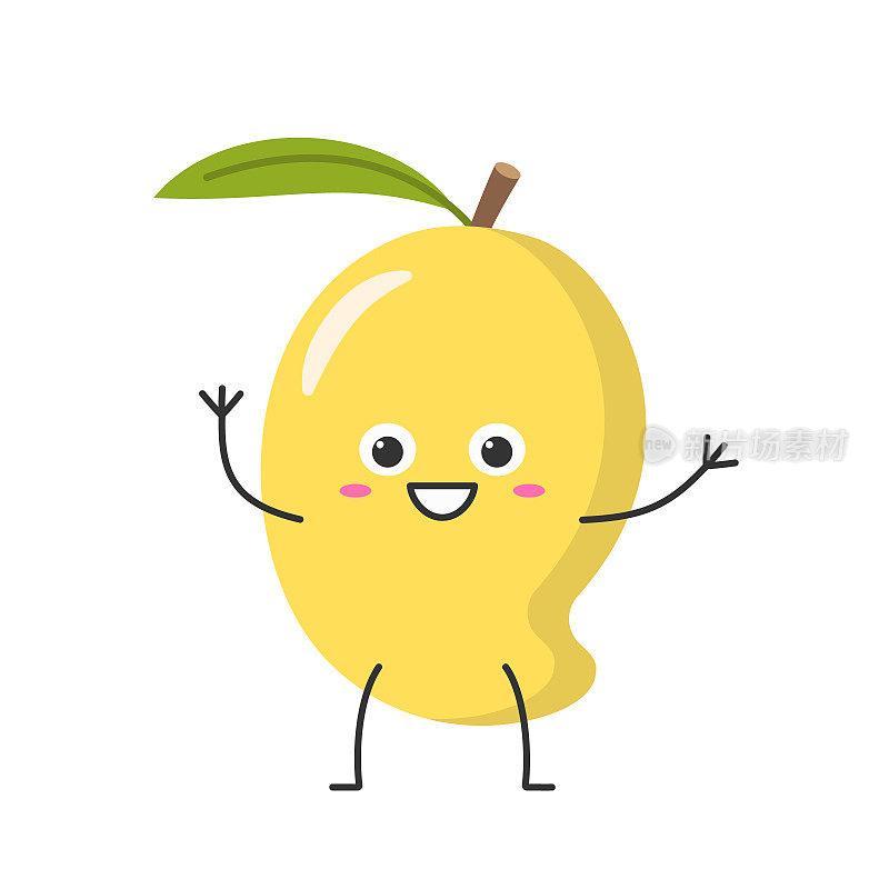 黄色芒果手问候字符卡通热带水果快乐快乐的情绪微笑的脸图标矢量插图。