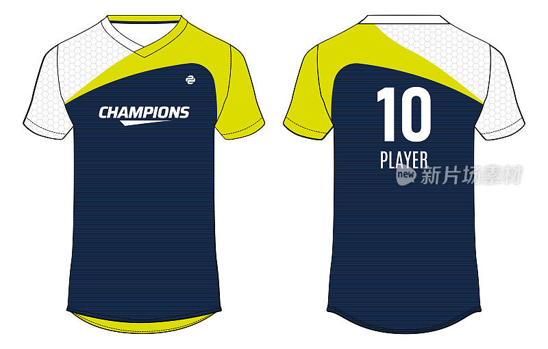 运动t恤jersey设计概念矢量模板，抽象图案v颈部足球jersey概念与前和后视图为足球，板球，排球，橄榄球，网球，羽毛球制服套件