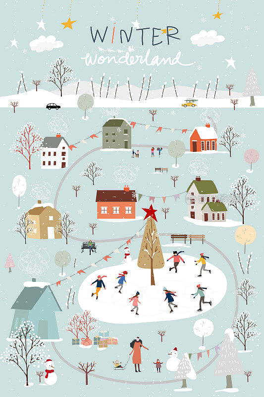 冬季仙境景观背景在晚上，人们庆祝和孩子们在村里的公园玩。矢量插图可爱的卡通贺卡或圣诞节或新年的横幅