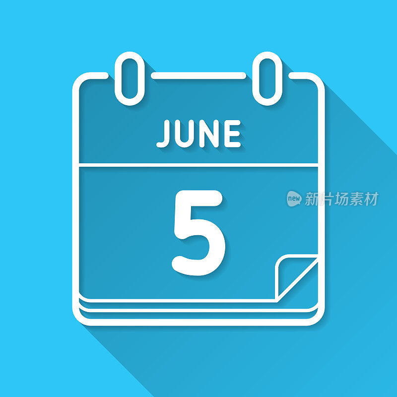 6月5日。图标在蓝色背景-平面设计与长阴影