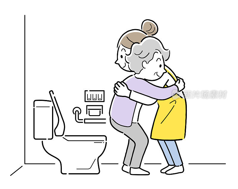 厕所，一名妇女帮助老年妇女排泄
