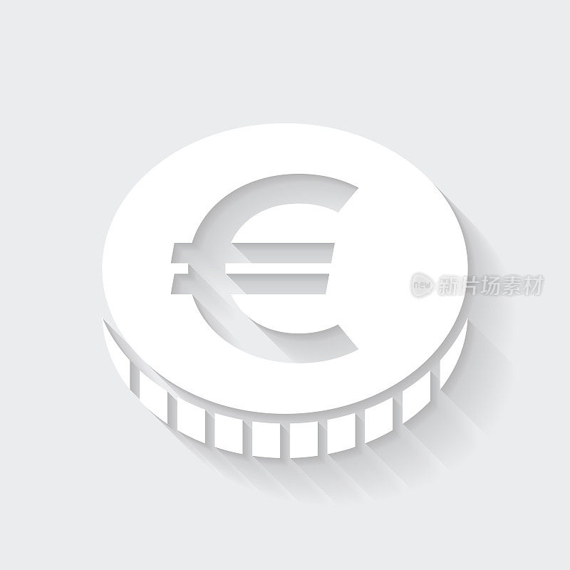 欧元硬币。图标与空白背景上的长阴影-平面设计
